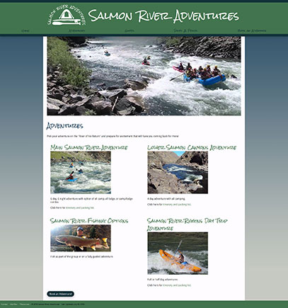 Adventures page from the Salmon River Adventures website