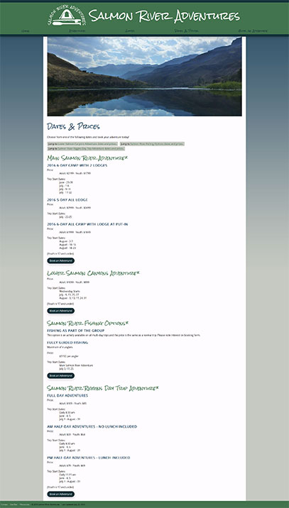 Dates and prices page from teh Salmon River Adventures website