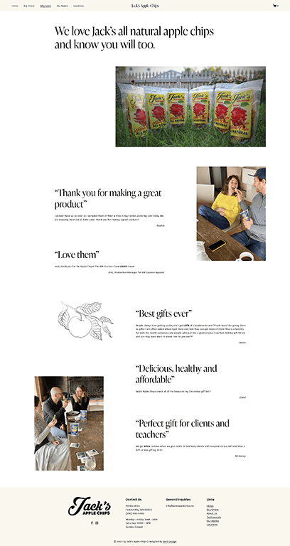 Testimonials page from the Jack's Apple Chips website