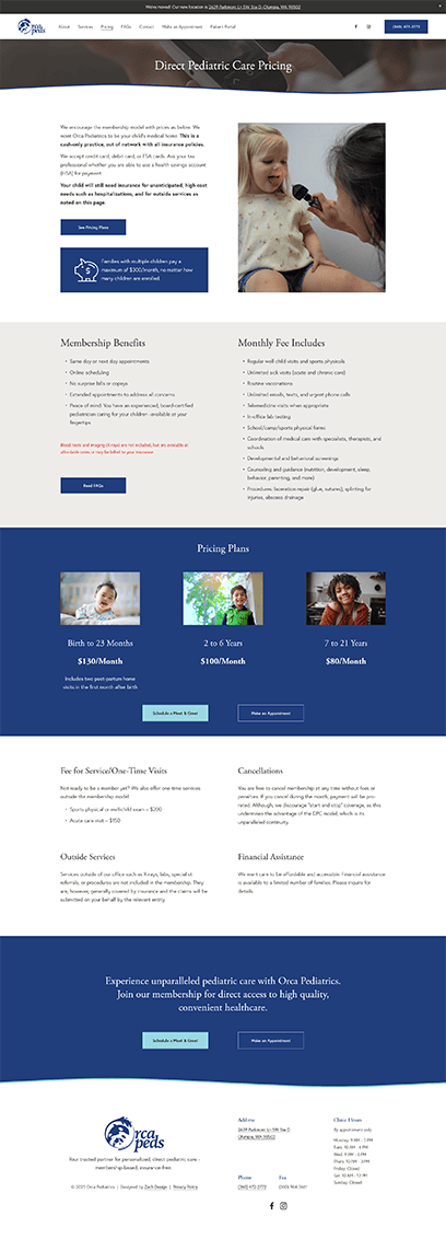 Pricing page from the Orca Pediatrics website